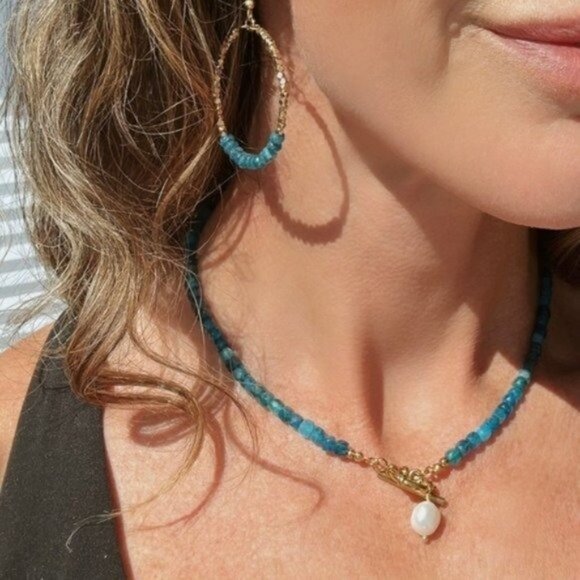 Blue Apatite Sparkly Gold Hoop Earrings Fun dangle party earrings gift for her - Picture 2 of 9